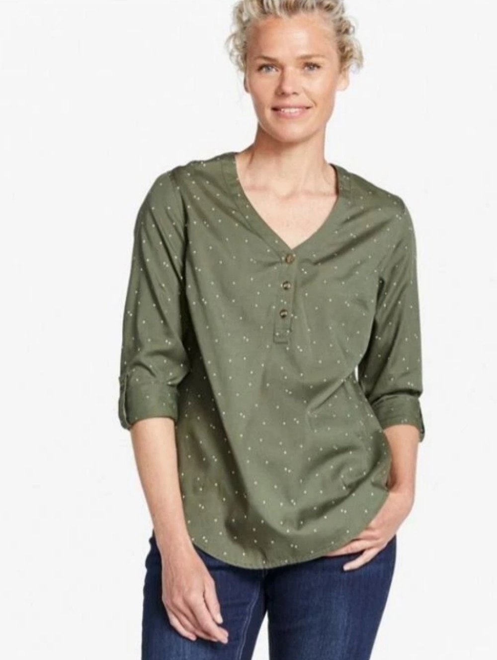 L.L Bean Women's Tencel Blend Shirt Dots Print 1/3 Buttons Roll Tab Sleeve XS